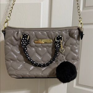 Betsey Johnson Taupe Quilted Heart Crossbody with Black Polka Dot Trim & Pom